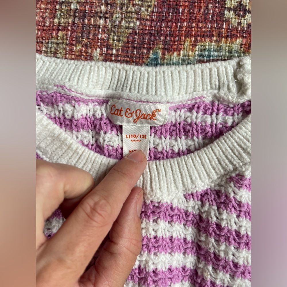 Girls 10/12 Cat and Jack Knit Striped Purple and White Sweater tank - Picture 5 of 7
